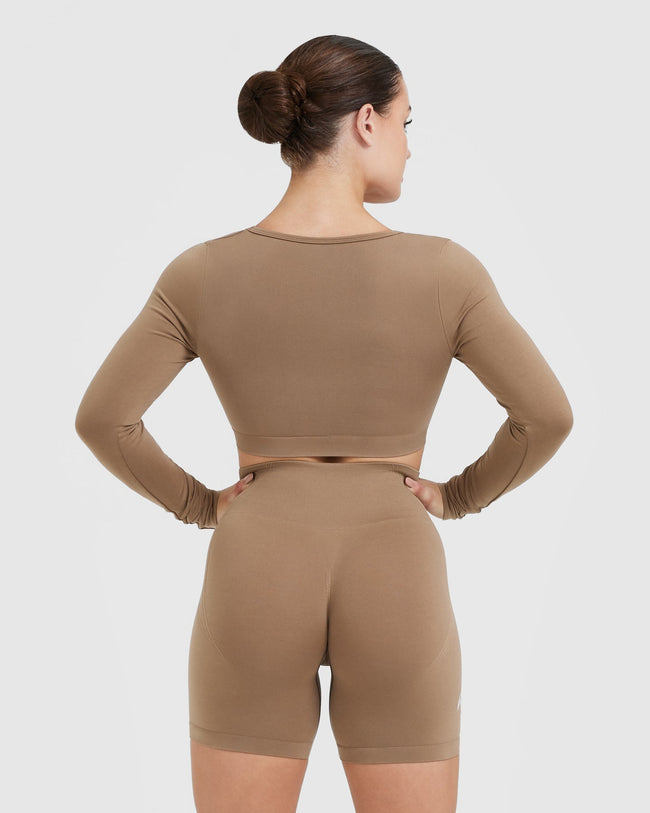 Effortless Square Neck Crop Long Sleeve Top with White Logo | Walnut