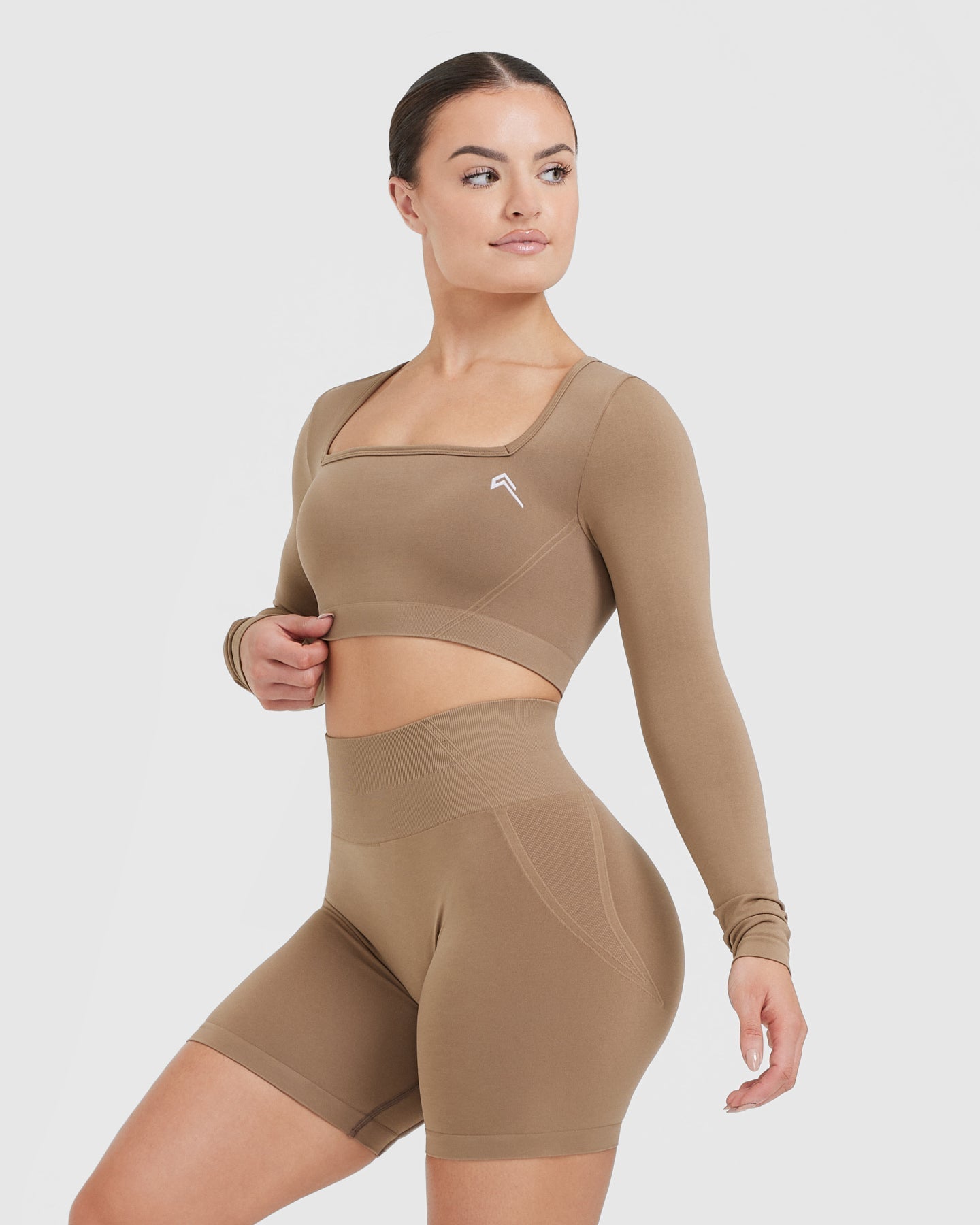 Effortless Square Neck Crop Long Sleeve Top with White Logo | Walnut