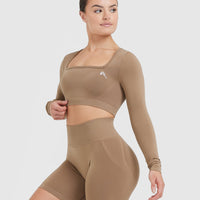 Effortless Square Neck Crop Long Sleeve Top with White Logo | Walnut