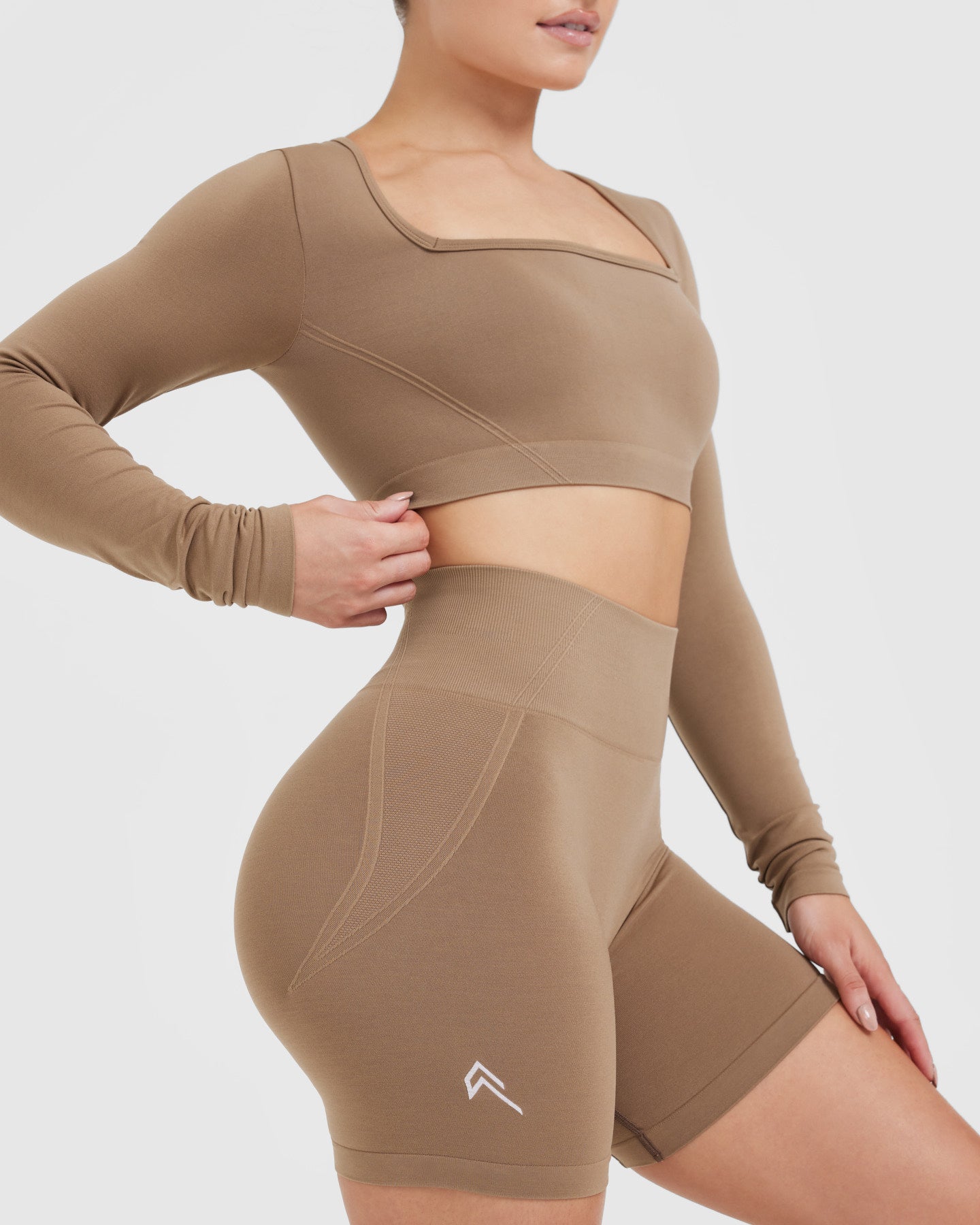 Effortless Square Neck Crop Long Sleeve Top with White Logo | Walnut