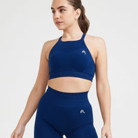 Effortless Seamless High Neck Bralette with White Logo | Midnight