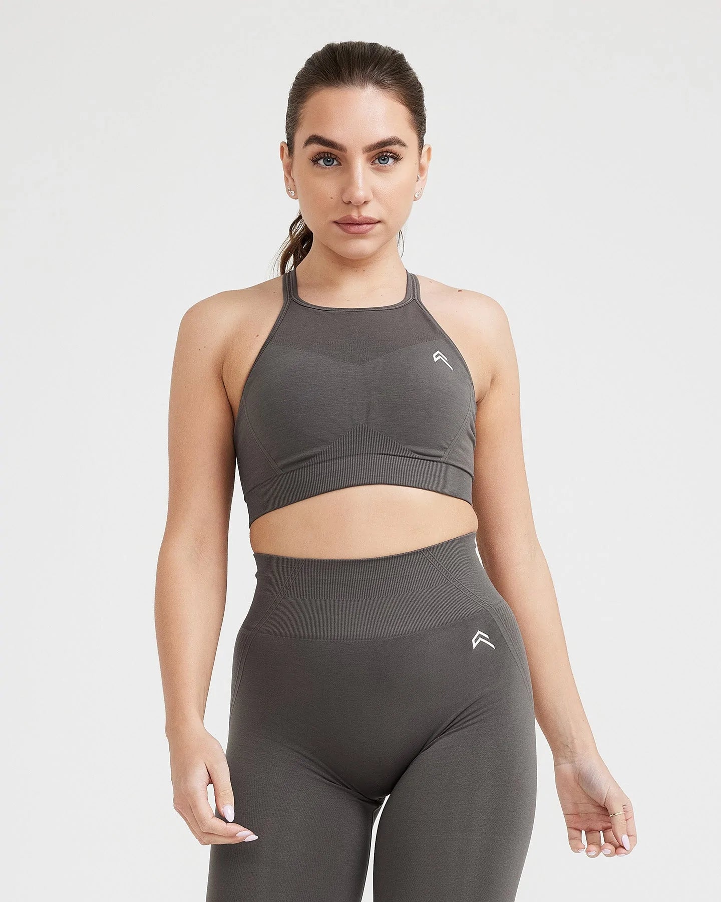 Effortless Seamless High Neck Bralette with White Logo | Deep Taupe