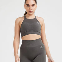 Effortless Seamless High Neck Bralette with White Logo | Deep Taupe