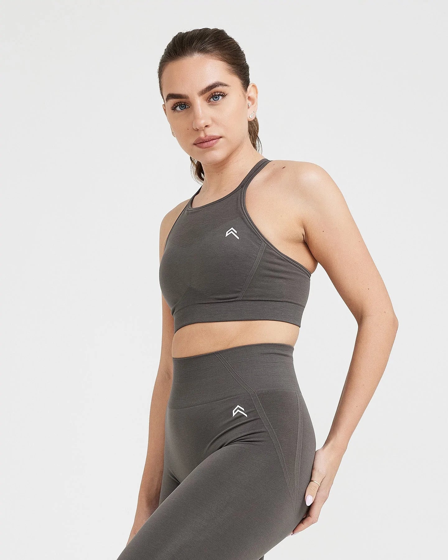 Effortless Seamless High Neck Bralette with White Logo | Deep Taupe