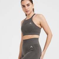 Effortless Seamless High Neck Bralette with White Logo | Deep Taupe