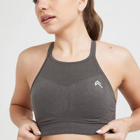 Effortless Seamless High Neck Bralette with White Logo | Deep Taupe