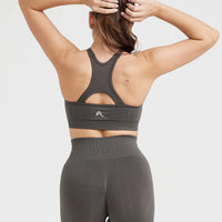 Effortless Seamless High Neck Bralette with White Logo | Deep Taupe
