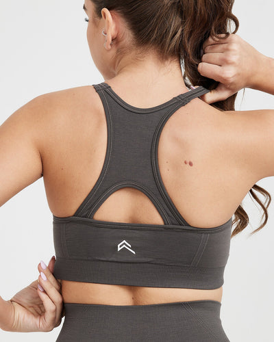 Effortless Seamless High Neck Bralette with White Logo | Deep Taupe