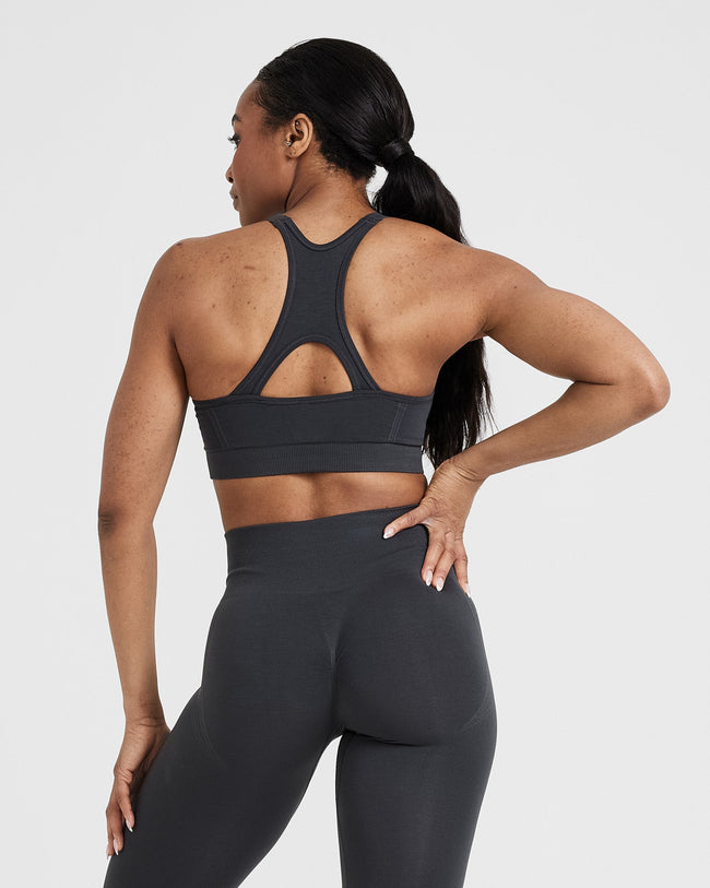 Effortless Seamless High Neck Bralette with White Logo | Coal