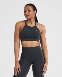 Effortless Seamless High Neck Bralette with White Logo | Coal