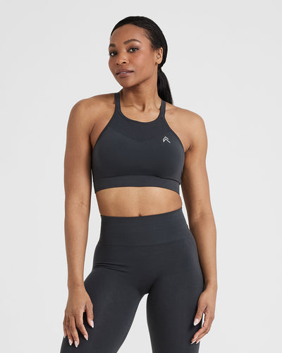 Effortless Seamless High Neck Bralette with White Logo | Coal