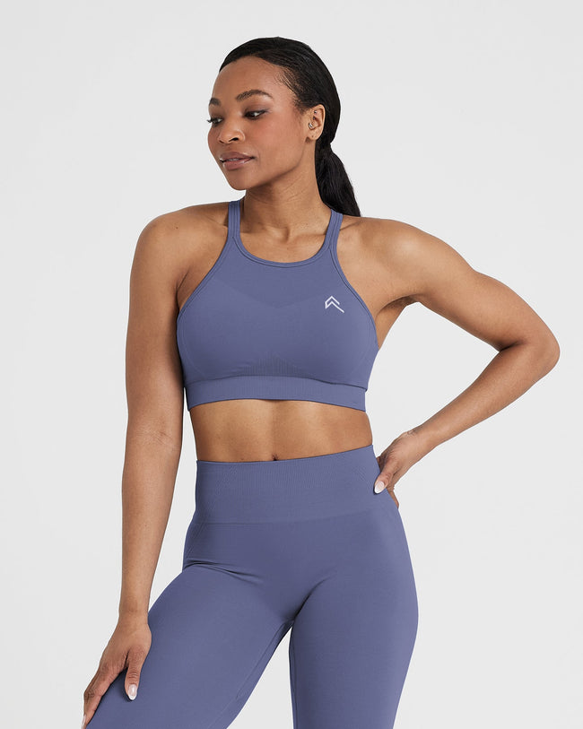 Effortless Seamless High Neck Bralette with White Logo | Slate Blue