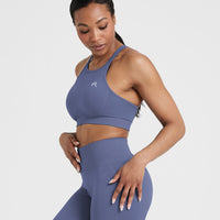 Effortless Seamless High Neck Bralette with White Logo | Slate Blue