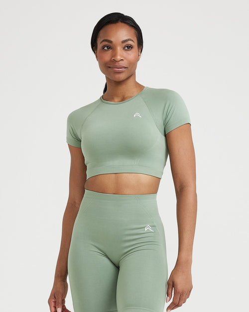 Oner Modal Effortless Seamless Short Sleeve Crop Top with White Logo | Sage