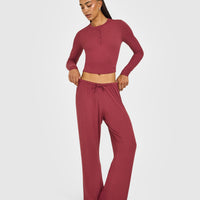 At Home Night Button Down Long Sleeve Top | Burnt Maroon Red