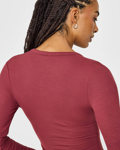 At Home Night Button Down Long Sleeve Top | Burnt Maroon Red