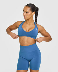 Effortless Seamless Halter Neck Sports Bra with White Logo | Ocean Blue