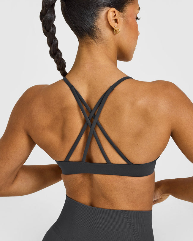 EasyLift™ Strappy Sports Bra with White Logo | Coal