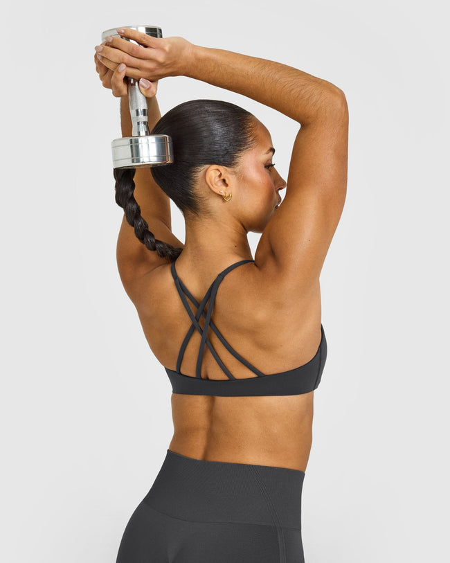 EasyLift™ Strappy Sports Bra with White Logo | Coal