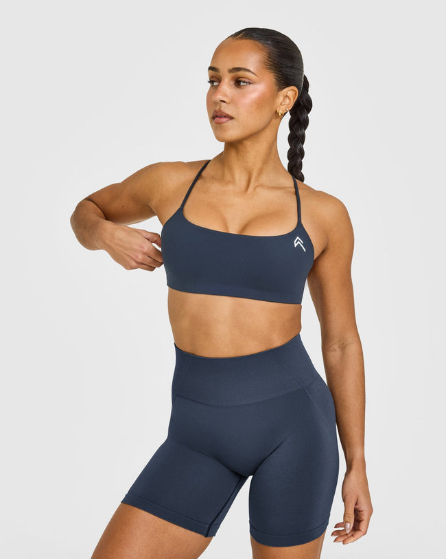 EasyLift™ Strappy Sports Bra with White Logo | True Blue