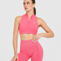 EasyLift™ Zip High Neck Sports Bra with White Logo | Hot Girl Pink
