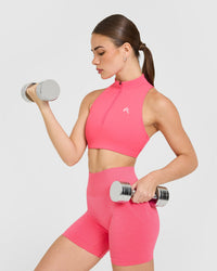 EasyLift™ Zip High Neck Sports Bra with White Logo | Hot Girl Pink