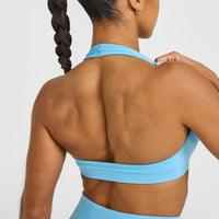 Effortless Seamless Halter Neck Sports Bra with White Logo | Arctic Blue