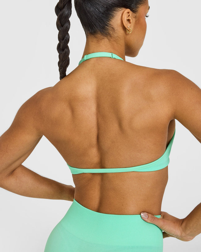 EnhanceLift™ Seamless Minimal Halter Neck Bralette with White Logo | Peppermint Green