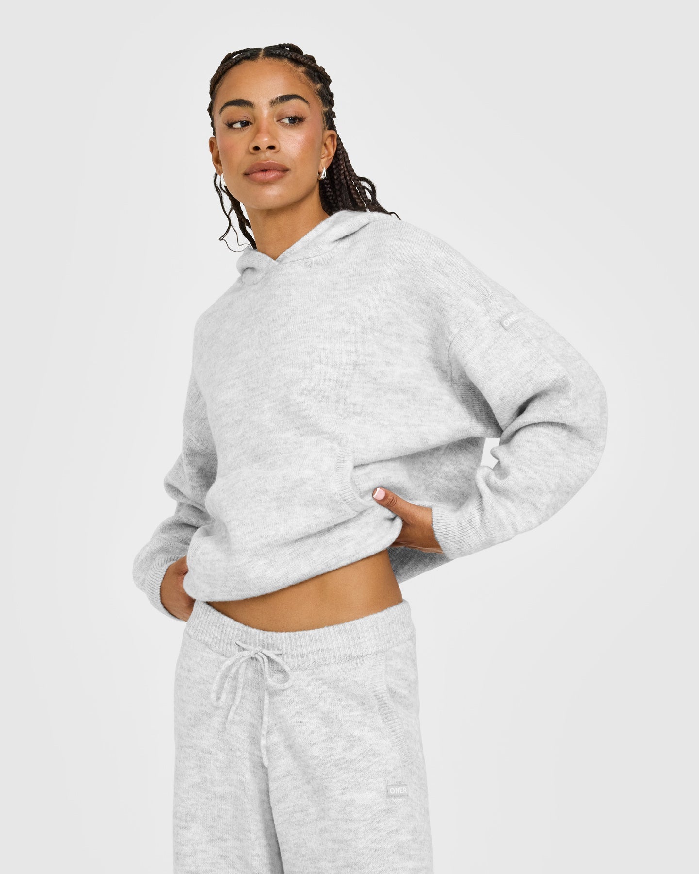 Oversized Knit Hoodie | Light Grey Marl