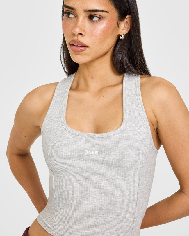 Mellow™ Rib Oner Embroidered Square Neck Mid Vest with Built in Bra Shelf | Light Grey Marl