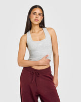 Mellow™ Rib Oner Embroidered Square Neck Vest with Built in Bra Shelf | Light Grey Marl