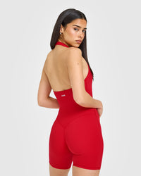 SoftMotion™ Halter Neck All In One Short with White Logo | Fiery Red