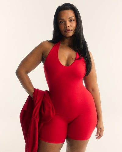 SoftMotion™ Halter Neck All In One Short with White Logo | Fiery Red