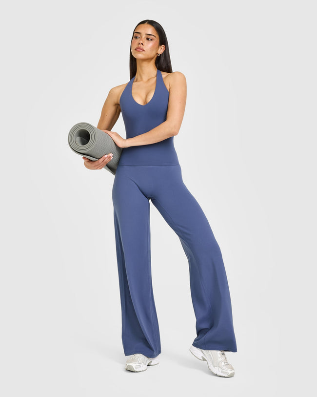 SoftMotion™ Halter Neck Vest with Built in Bra Shelf with White Logo | Slate Blue