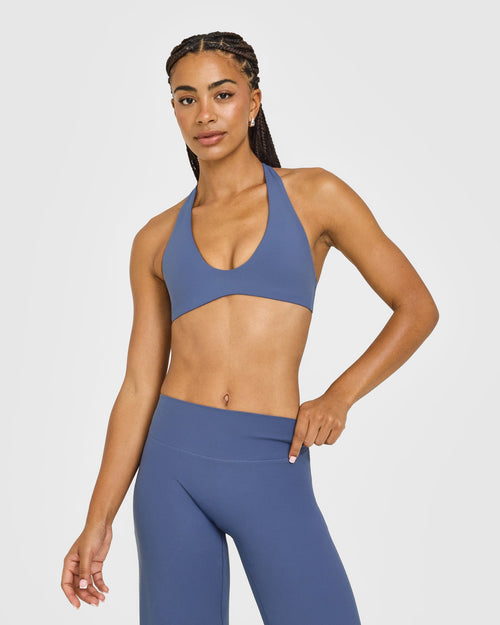 Oner Modal SoftMotion™ Minimal Halter Neck Bralette with White Logo | Slate Blue