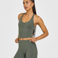 SoftMotion™ Racer Back Mid Vest with Built in Bra Shelf with White Logo | Dark Khaki