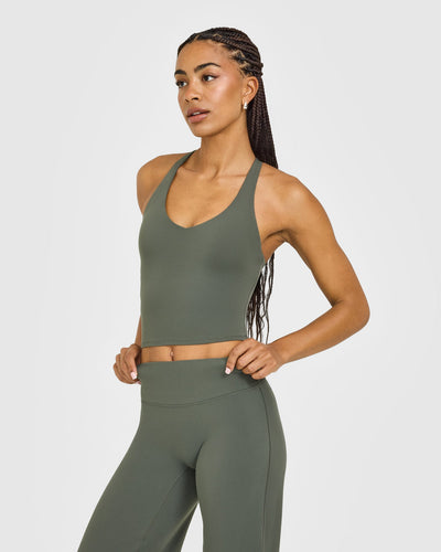 SoftMotion™ Racer Back Mid Vest with Built in Bra Shelf with White Logo | Dark Khaki