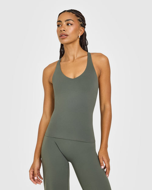 Oner Modal SoftMotion™ Racer Back Vest with Built in Bra Shelf with White Logo | Dark Khaki