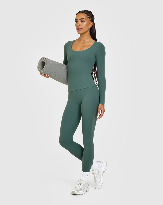 SoftMotion™ Scoop Neck Long Sleeve Top with Built in Bra Shelf with White Logo | Iced Green