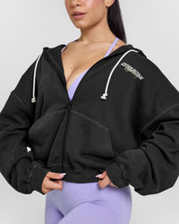 Raw Lounge Oversized Zip Through Hoodie with Graphic | Washed Black