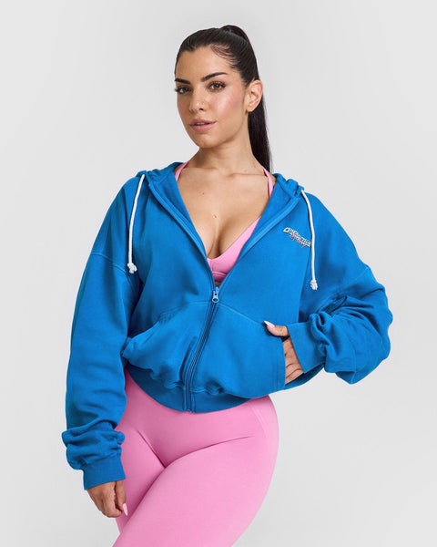 Raw Lounge Oversized Zip Through Hoodie with Graphic Retro Blue