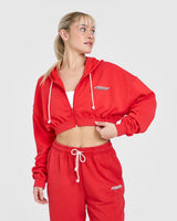 Raw Lounge Crop Zip Through Hoodie with Graphic | Muscle Mommy Red
