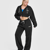 Raw Lounge Crop Zip Through Hoodie with Graphic | Washed Black