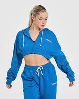 Raw Lounge Crop Zip Through Hoodie with Graphic | Retro Blue