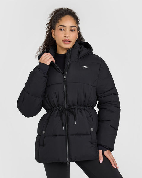 Women's Puffer Jacket Black Hooded Mid Length Oner Active UK