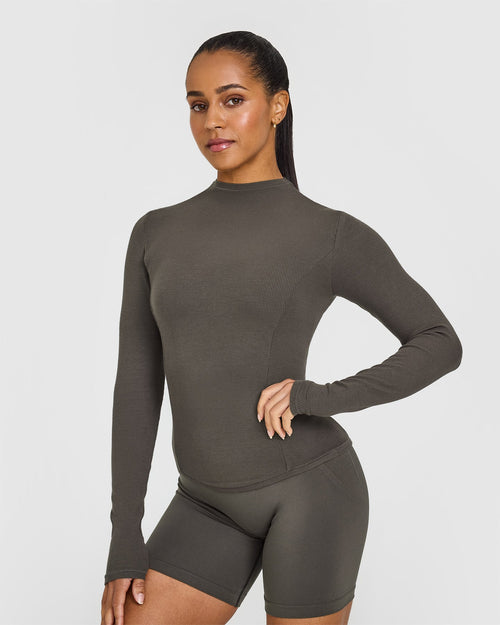 Oner Modal Mellow™ Rib Mock Neck Long Sleeve Top | Deep Taupe