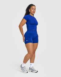 EffortlessLift™ Seamless Shorts with White Logo | Strong Blue