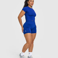 EffortlessLift™ Seamless Shorts with White Logo | Strong Blue