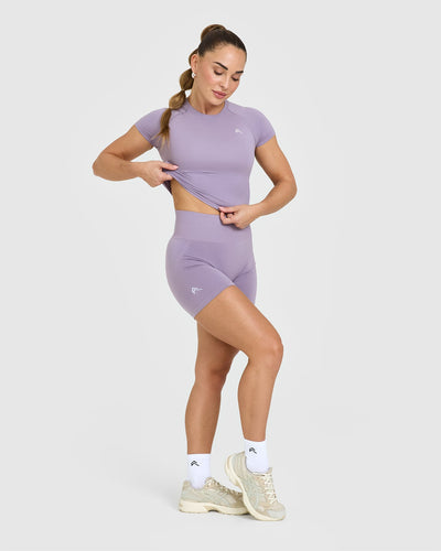 EffortlessLift™ Seamless Shorts with White Logo | Soft Purple