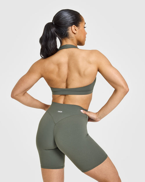 EasyLift™ Halter Bralette with White Logo | Dark Khaki
